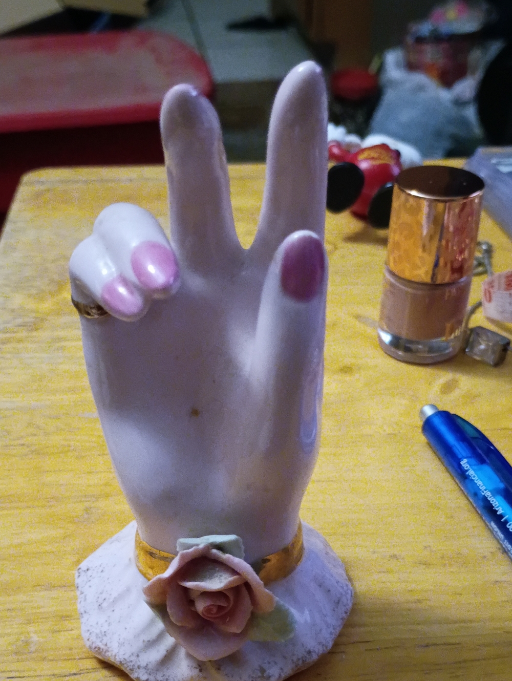 Decorative Porcelain Hand Ring Holder with Pink Rose